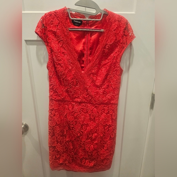 Bebe Red Lace Bodycon Dress Women’s Size 10 Cocktail Party Evening Sheath - Picture 1 of 11